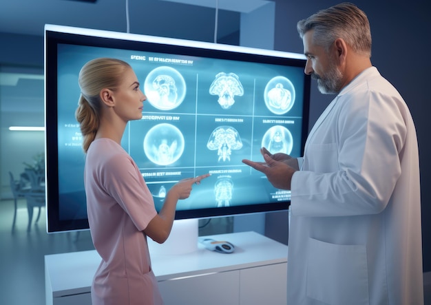 An interactive AI display explaining a complex medical procedure to a patient in a modern healthcare