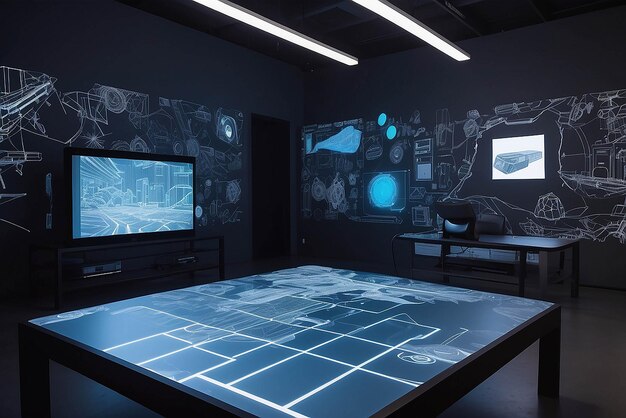 Interactive art on projectionmapped furniture in a tech lab with gesture controls and collaborative elements mockup