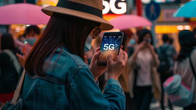 Photo interactive holographic 5g text icon shining on mobile phone in hands futuristic concept