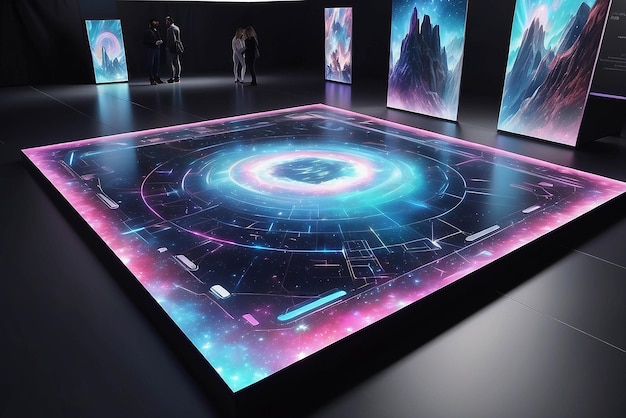 Interactive holographic floor art in a tech expo mockup with blank white empty space for placing your design