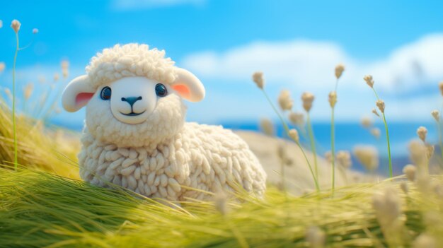 Photo interactive sheep plush doll art in cinema4d with coastal scenery