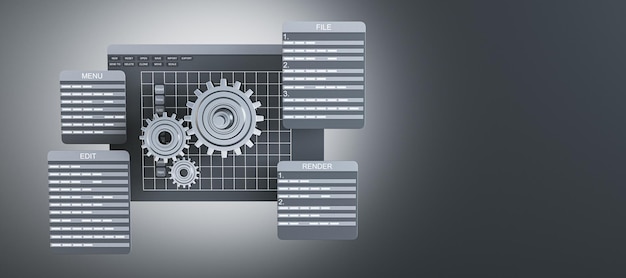 Фото Интерактивный программный интерфейс программирования с зубчатыми механизмами и редактируемыми полями технология и образовательная концепция 3d-рендеринг