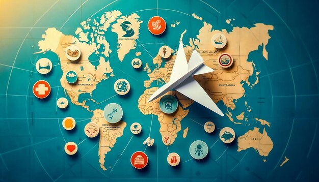 Photo interactive world map with travel icons and a paper airplane depicting global destinations