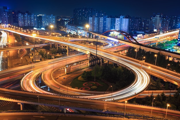 Interchange in shanghai at nightclover stack type overpass