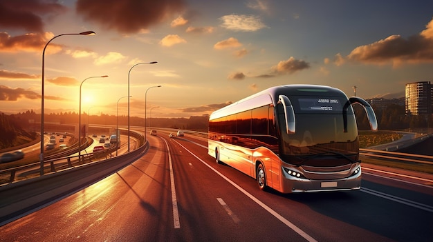 An intercity large and spacious bus travels along the highway