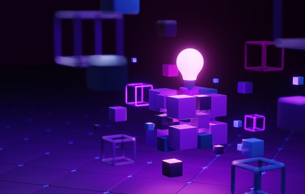 Photo interconnected digital blocks in cubic form with light bulb