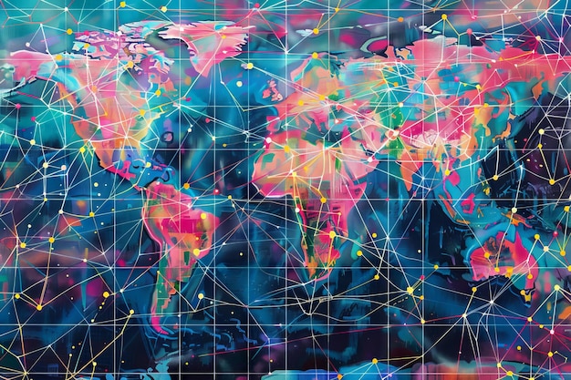 インターネットを通じて世界の相互接続 色とりどりの線と点