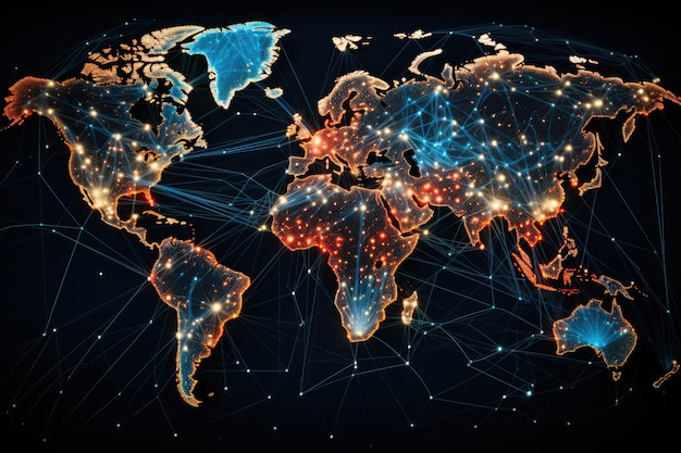 グローバルネットワークの相互接続 - 世界の地図として示されたグローバルネットワークとコミュニケーションコンセプト