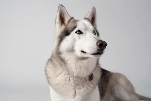 Foto interessato cane da compagnia husky è in posa carino giocoso bianco grigio cagnolino o animale domestico che gioca su sfondo bianco studio concetto di movimento azione movimento animali domestici amore sembra felice felice divertente