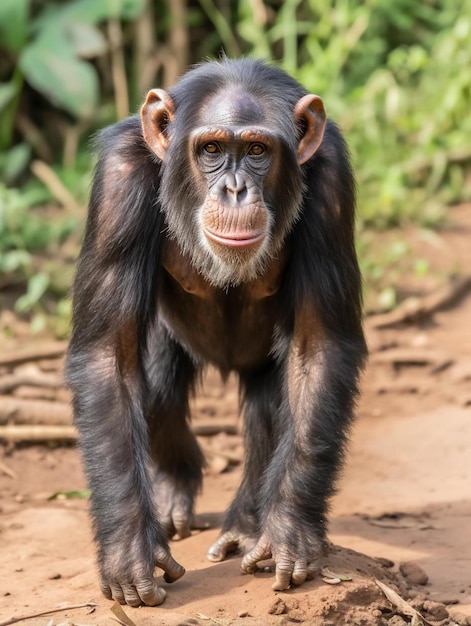 写真 男性チンパンジーの興味深い動物の振る舞いは ⁇ 人間のように真っ直ぐに歩いていて ⁇ 泥の道を横切っています