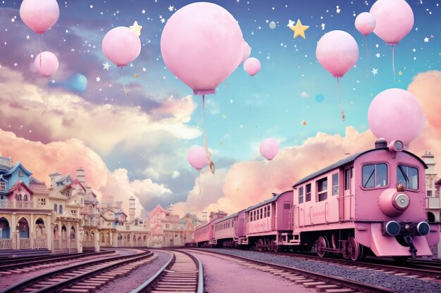 Photo interesting kawaii train background pastel colors cuteness overload generative ai