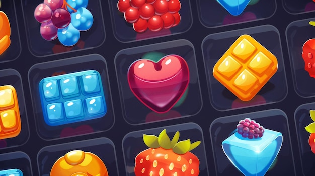 Photo interface for candy match game with buttons and icons mobile puzzle level illustration with glossy menu bar food and chocolate 2d frame assets template with loading bar