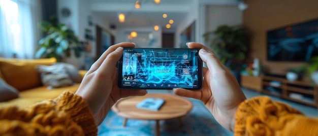 사진 스마트폰 앱 스크린에서 스마트 홈 기술을 위한 인터페이스, 사람이 들고 있는 아파트 내부의 증강 현실 ar 연결된 객체를 보여줍니다.