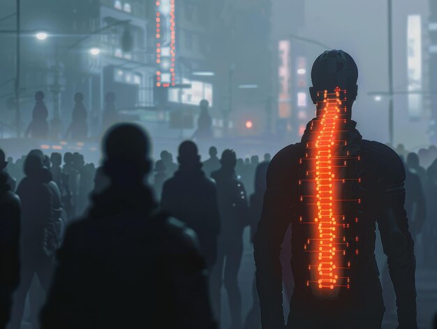 interface implants glowing scanning a crowd of people dystopian city setting heavy smog realistic photography Silhouette lighting Vignette Rack focus view