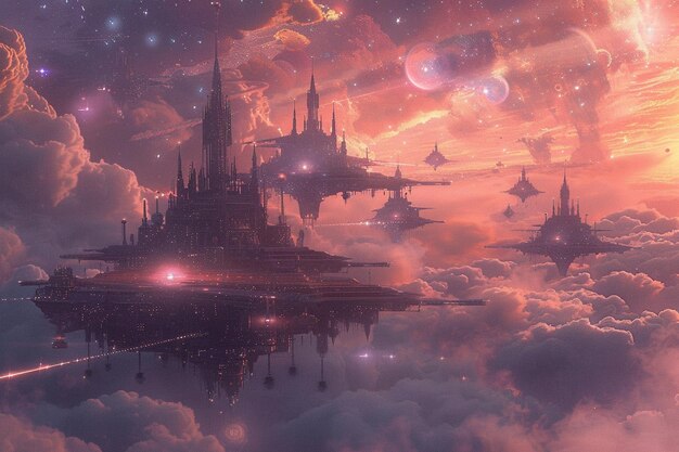 Photo intergalactic cityscapes aloft captivating images generative ai