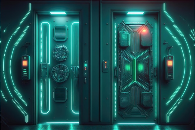 Photo intergalactic hightech doors with instruments display and neon light abstract room with doors spaceship scientific station throughput entrance ai