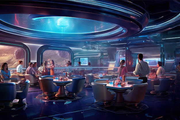 Intergalactic space diner where extraterrestrial travelers and human explorers gather to sample alien delicacies and experience a fusion of cosmic flavors illustration generative ai