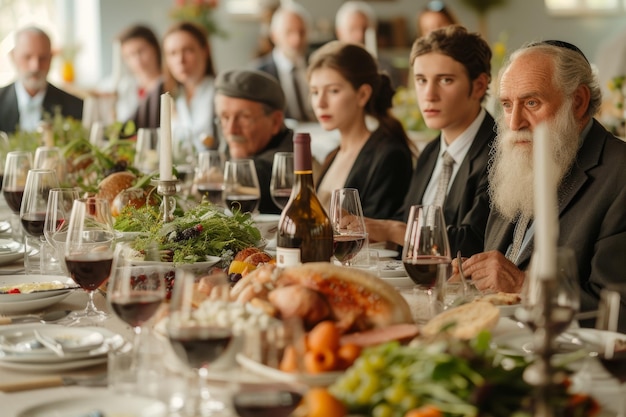 세대 간 의 유대인 가족 이 전통적 인 유월절 세더 식사 를 위해 모였다