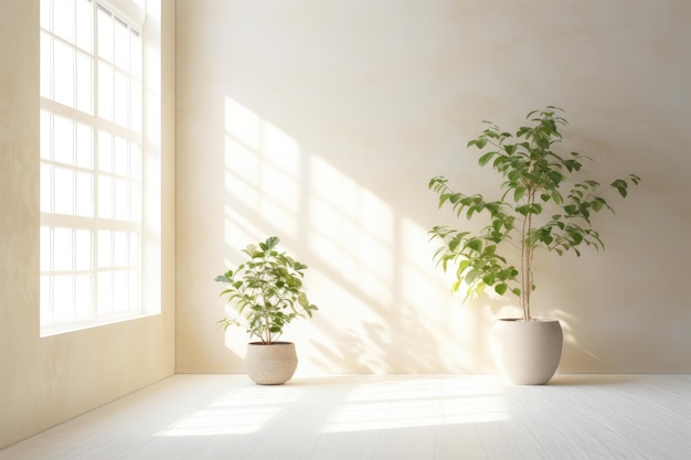 Interieur achtergrond met zachte crème witte muren en potplanten