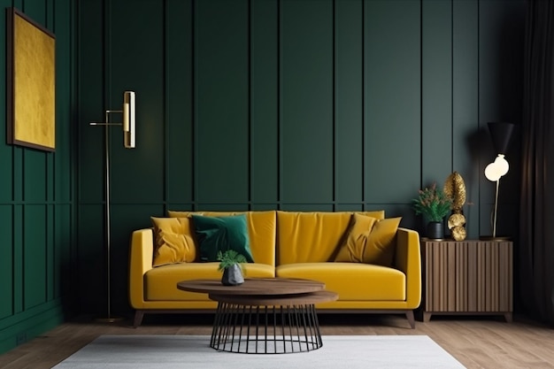 Interieur achtergrond renderen lichte sofa lamp eigentijds eenvoudig tapijt decoratie groen Generatieve AI