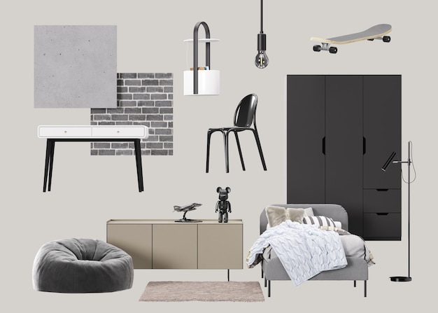 Interieur design moodboard met geïsoleerde moderne tienerkamer meubels woonaccessoires materialen Meubelwinkel details Interieur project Eigentijdse stijl moodboard collage 3d render