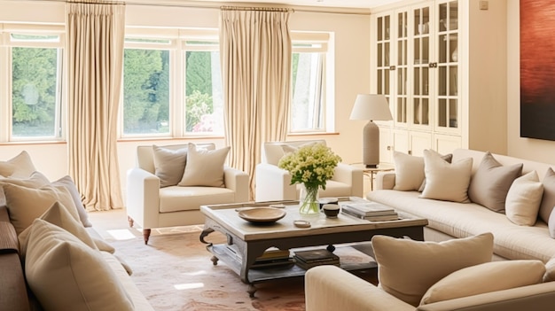 Interieur design woondecoratie zitkamer en woonkamer witte bank en meubilair in Engels landhuis en elegant cottage-stijl idee