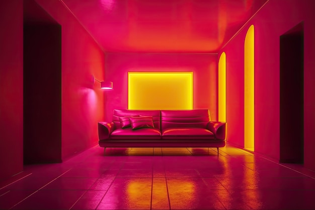 interieur gemaakt van felroze rubberen wanden en vloer glanzend rubberen oppervlak sofa in hoge zichtbaarheid geel
