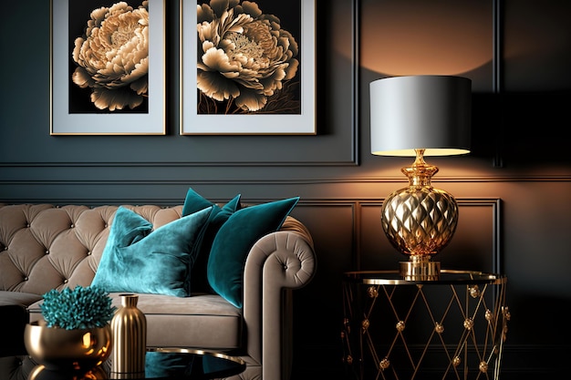 Interieur in retrostijl met gouden art-decodecoratie