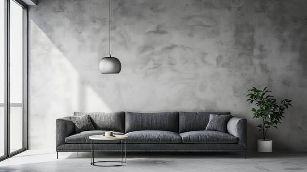 Interieur in Scandinavische stijl met grijze bank Minimalistisch interieurontwerp