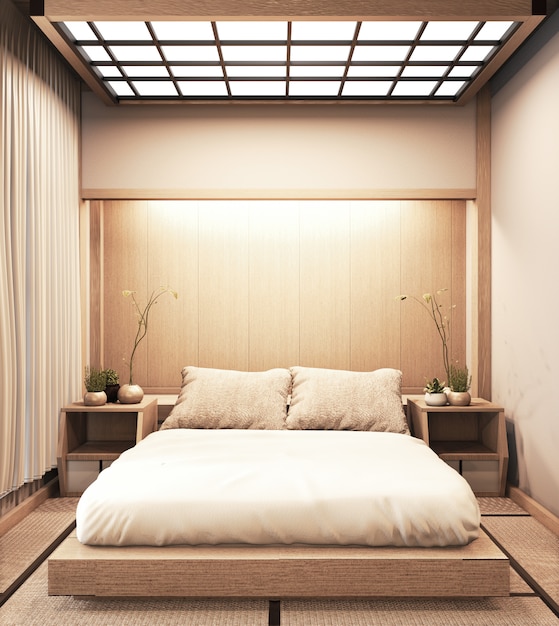 Interieur luxe slaapkamer in moderne japanse stijl mock-up, de mooiste ontwerpen. 3d-weergave