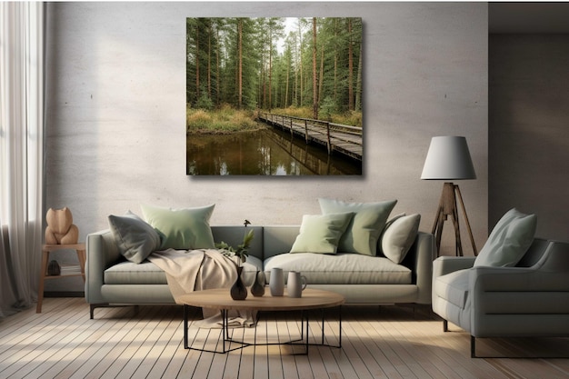 Interieur met bank 3d illustratie mock up posterframe in de muur