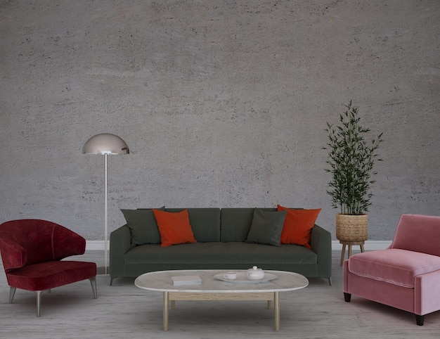 interieur met bank, fauteuil en decor in lege muur mockup woonkamer