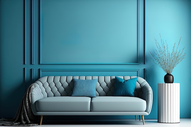 Interieur met bank in woonkamer tegen lege blauwe muur