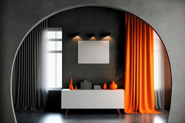 Interieur met een dressoir, een lege banner op een zwarte muur, een boograam, levendige oranje gordijnen en lichtgrijze betonnen vloeren. Een idee voor een eigentijds huisplan Mockup