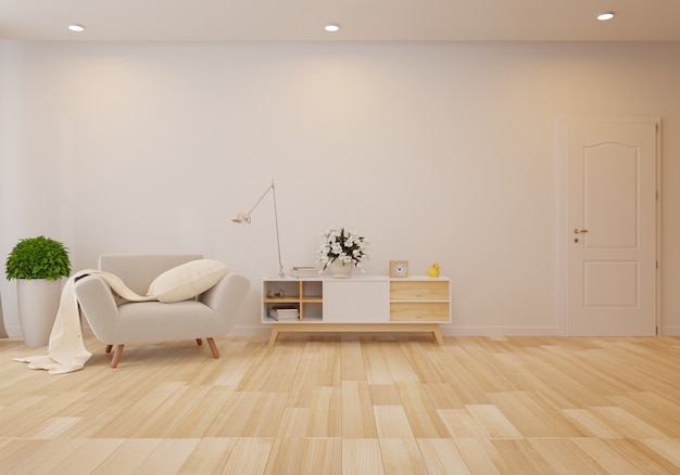 Interieur met grijs fluwelen fauteuil in de woonkamer met witte muur