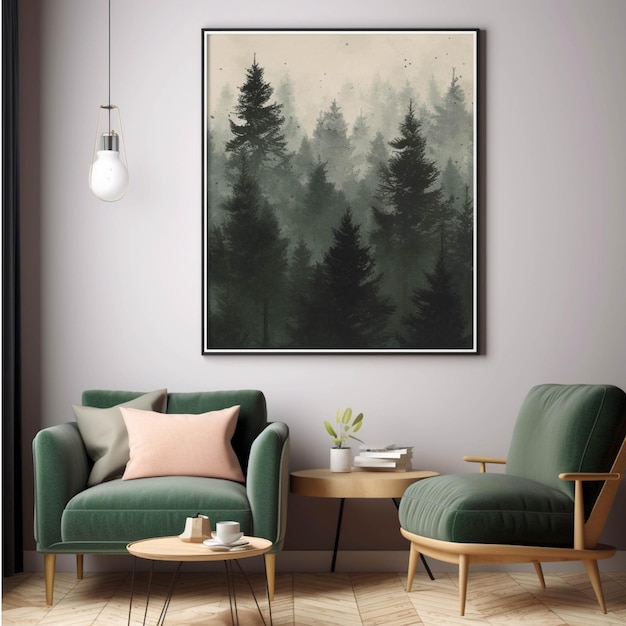 Interieur met groene fauteuil salontafel en poster 3d render