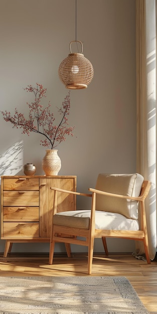 Interieur met houten kast en fauteuil bloem in pot