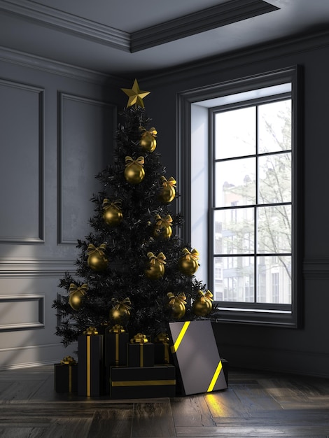 Interieur met kerstboom en geschenkdozen 3d illustratie