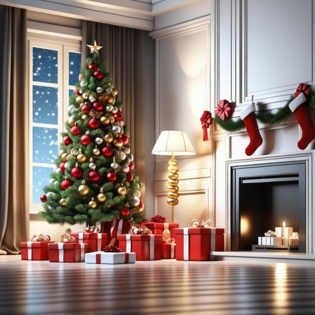 Interieur met kerstboom en geschenken naast het grote glazen raam sneeuw achtergrond uitzicht in het raam