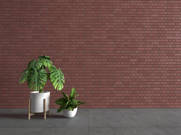 Interieur met potplanten op rode bakstenen muur achtergrond