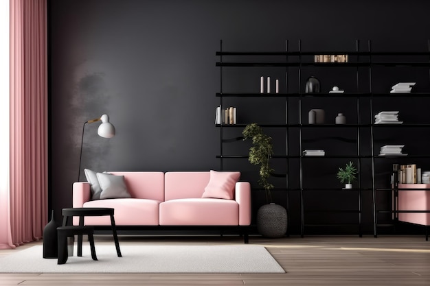 Interieur met roze bank en ladderplank in een moderne woonkamer