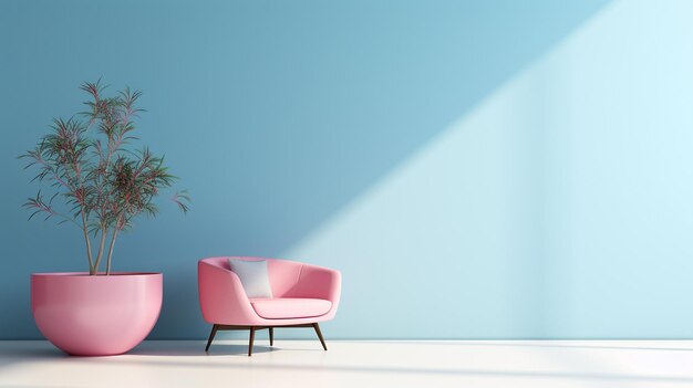 interieur met roze fauteuil en plant op blauwe muur achtergrond 3d render