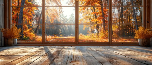 Foto interieur met shabby chic raamframe en houten tafel herfst zonnige dag met gouden bomen buiten leegte ruimte voor decoratie tekst of reclame