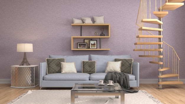 Interieur met sofa. 3D-afbeelding