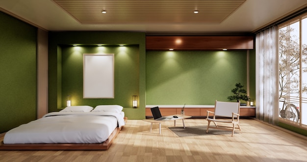 Interieur mock up met zen bedplant en decoratie in japanse groene slaapkamer. 3D-weergave.