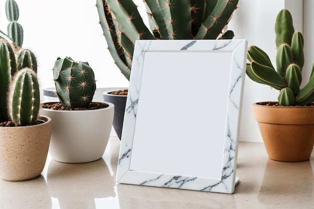 Interieur mockup frame met cactus op een keramische tafel achtergrond