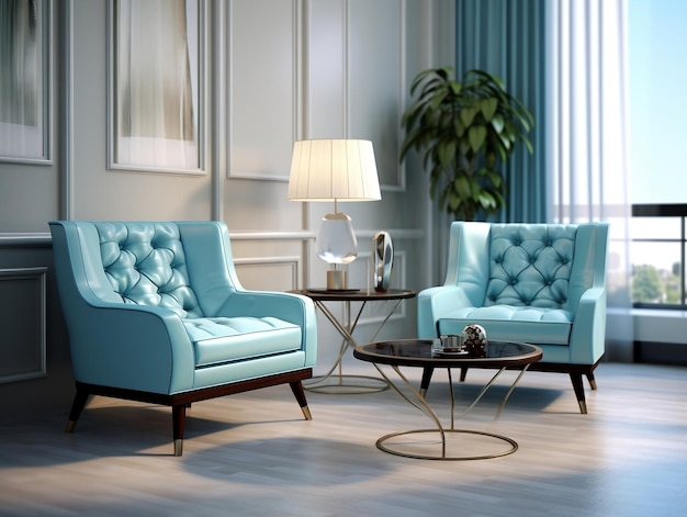 Interieur moderne woonkamer met blauwe fauteuils en koffietafel