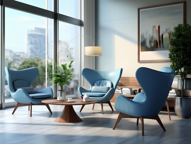 Interieur moderne woonkamer met blauwe fauteuils en koffietafel
