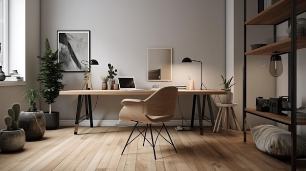 Interieur moderne woonkamer werkruimte met bureau en desktopcomputer Generatieve AI