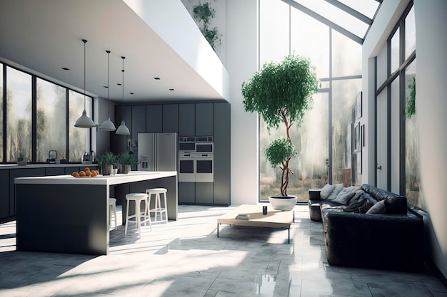 Interieur Ontwerp een perspectief van een woonkamer en een keuken. Open ruimteconcept. Generatieve AI